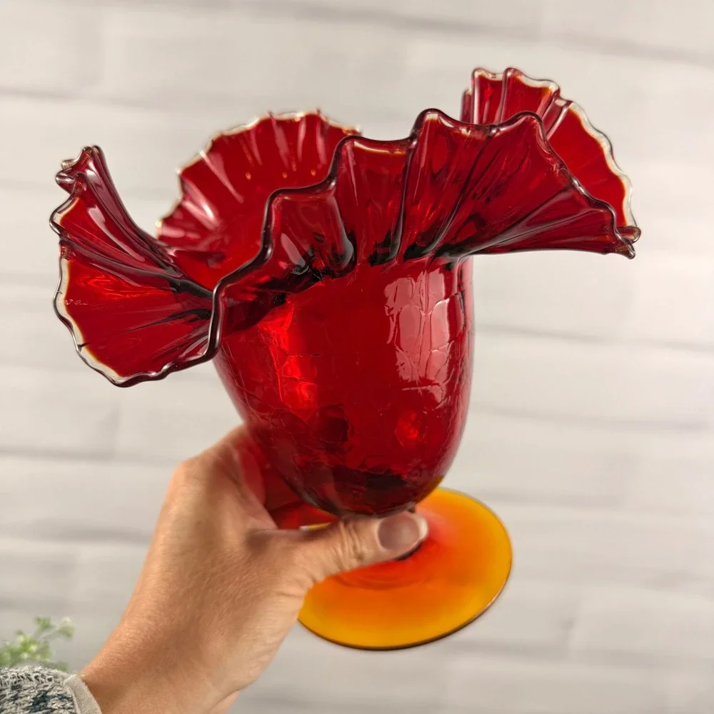 Blenko 388 Tangerine Crackle Glass Ruffled Vase Mid Century